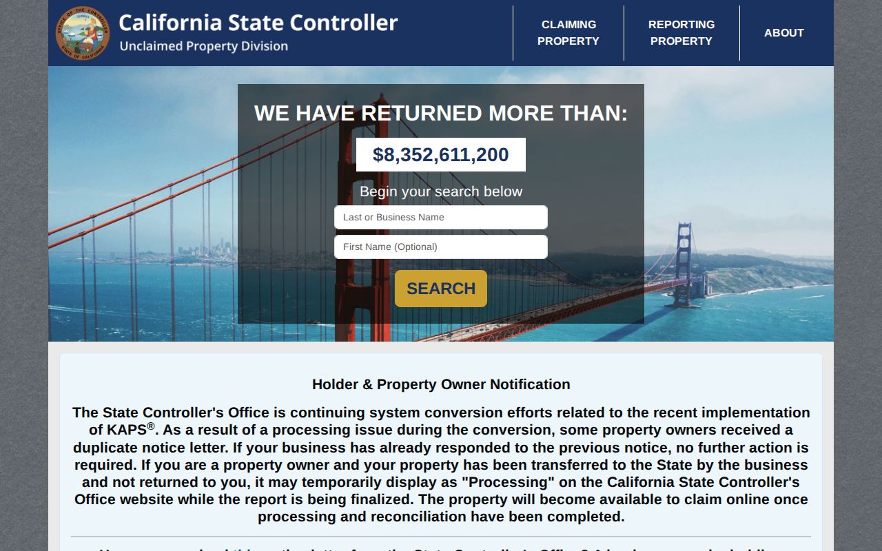 Sunnyvale people search California unclaimed property portal