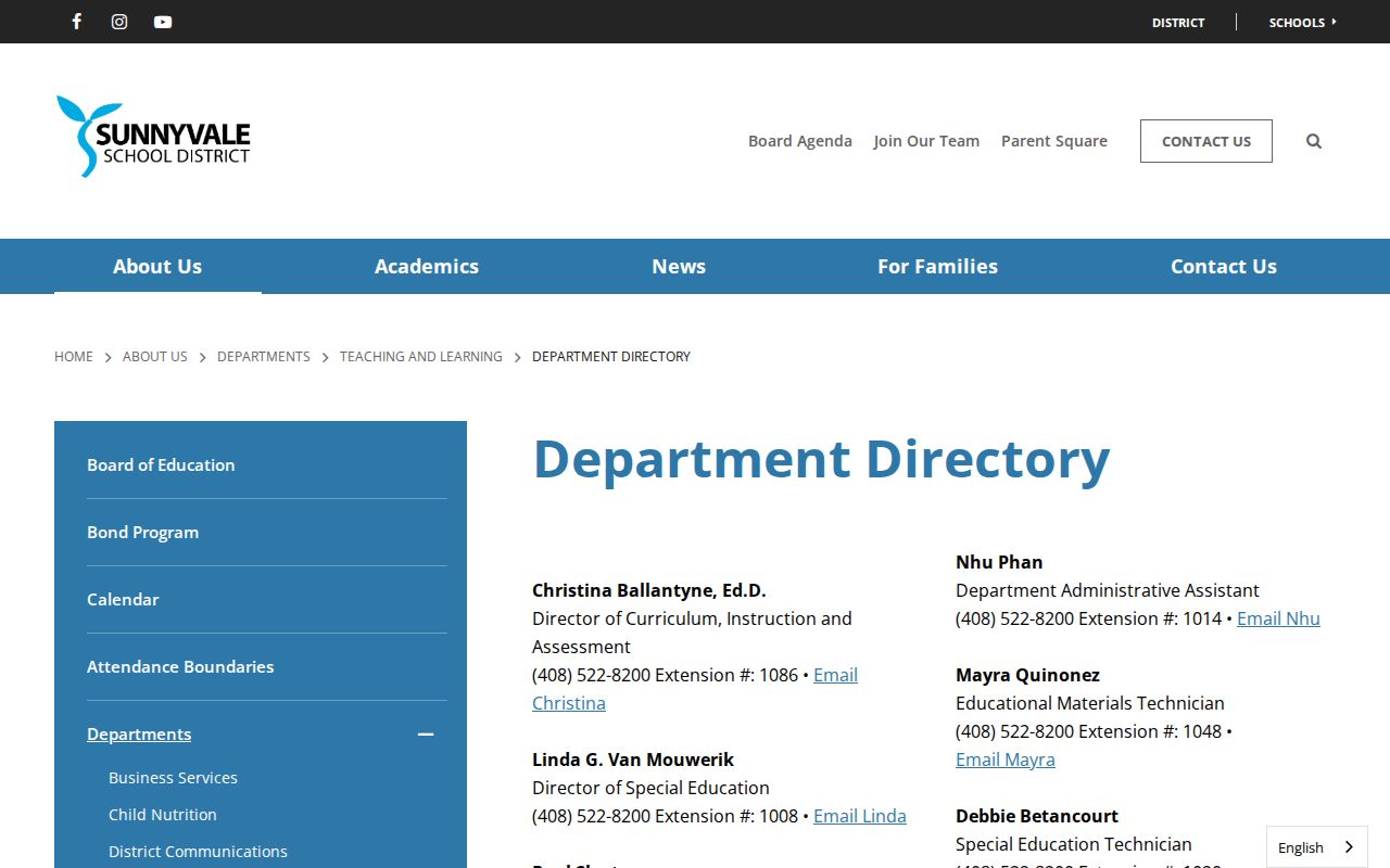 Sunnyvale people directories entry fields in the school district directory