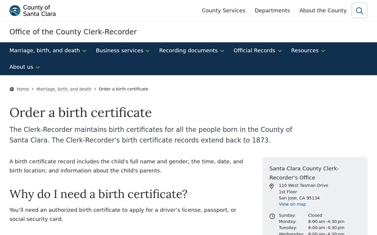 Sunnyvale public records birth certificate order page for Santa Clara County
